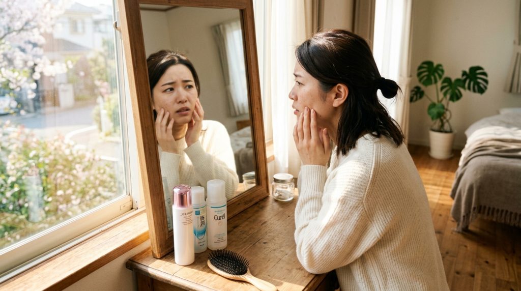朝、窓際で鏡を見ながら自分の肌の調子を気にする、少し不安げな表情の20代後半〜30代の日本人女性。春の柔らかな日差しが差し込んでいる
