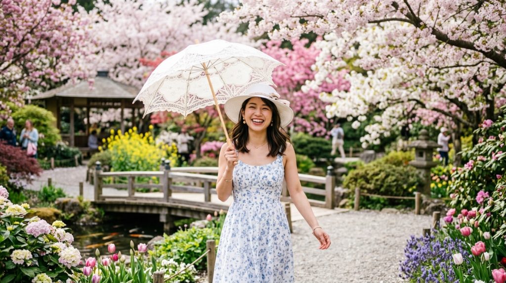 画像のイメージ作成：明るい笑顔で、白い帽子を被り日傘を差してお出かけを楽しむ日本人の美しい女性。背景には春の花が咲いている