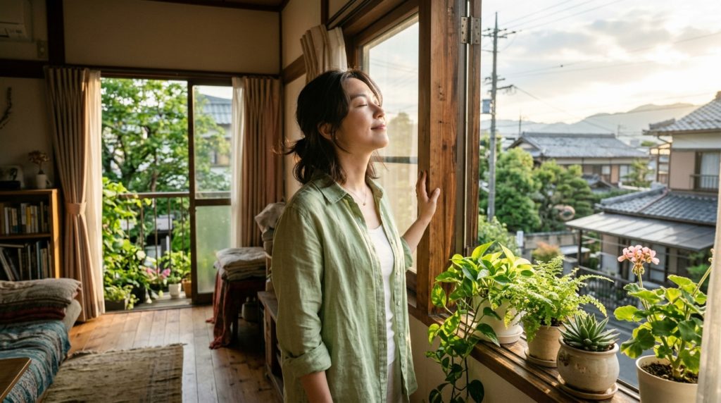 朝、窓を開けて深呼吸をする日本人女性。柔らかな朝日が差し込み、部屋には観葉植物があり、穏やかで希望に満ちた表情をしている