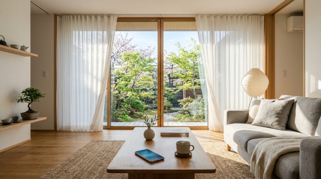 自動でカーテンが開き、明るい光が差し込む日本のリビングルーム