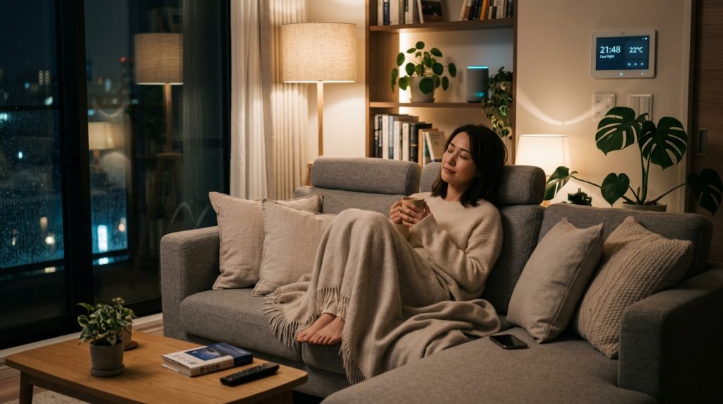 夜のリビングでリラックスする30代の日本人