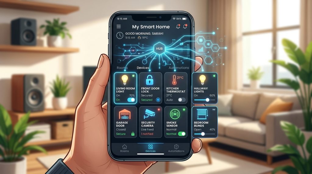 複数のデバイスがスマホで一括管理されているスマートホームのイメージ