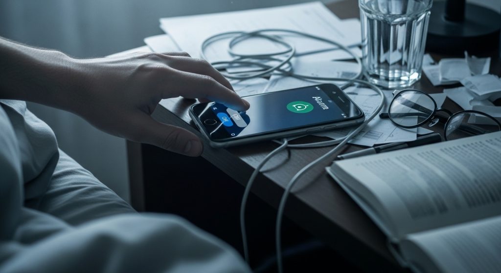 散らかったベッドサイドで、スマホのアラームを止める瞬間のリアルな朝の様子