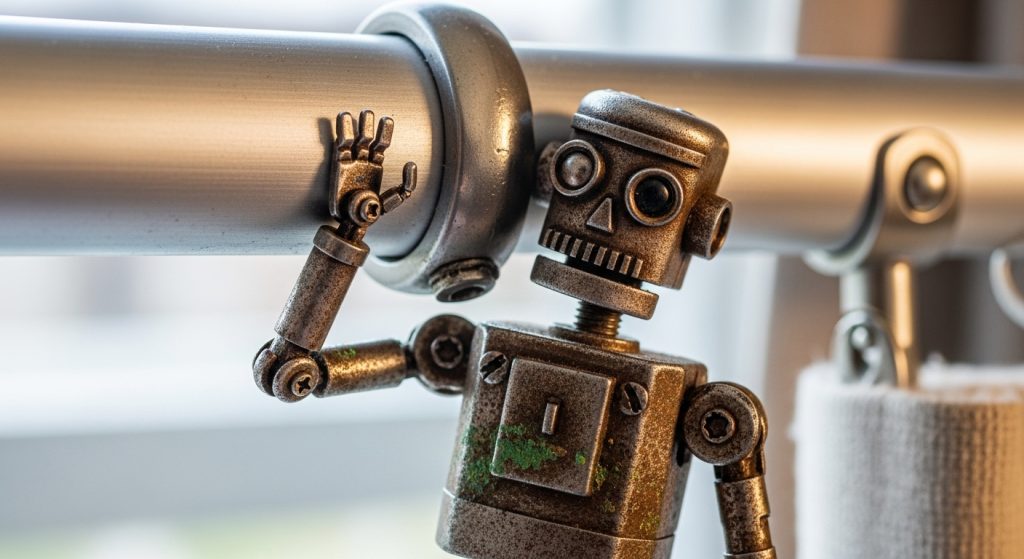 カーテンレールの継ぎ目に引っかかっているロボットのアップ画像