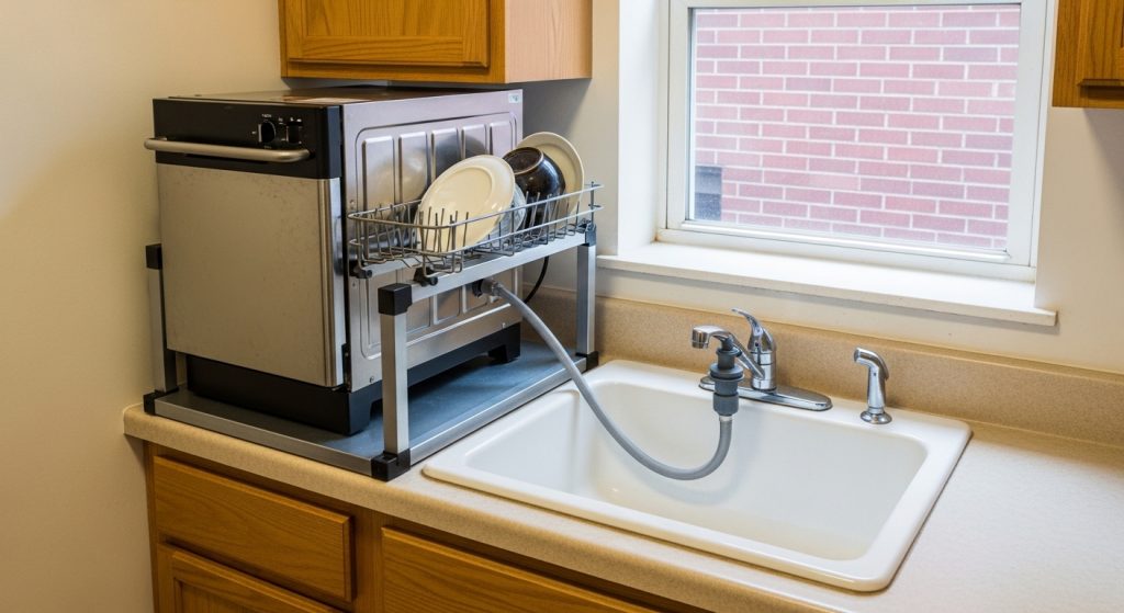 賃貸のキッチンシンク横に専用ラックを使って設置されたコンパクトな食洗機