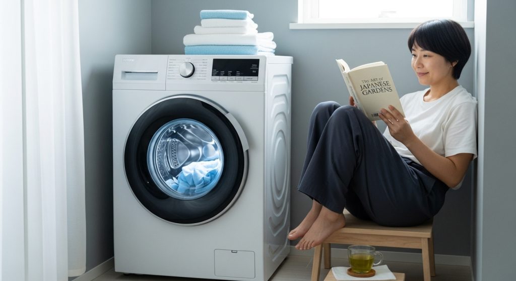 ドラム式洗濯機の横で読書をしてくつろぐ日本人の様子