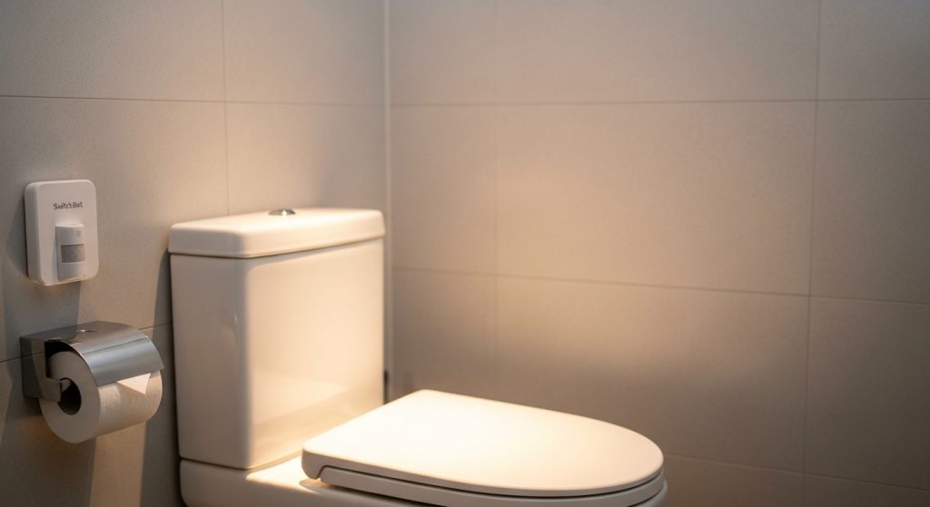 トイレの入り口に設置されたSwitchBot人感センサー。スマートなデザインでインテリアに馴染んでいる