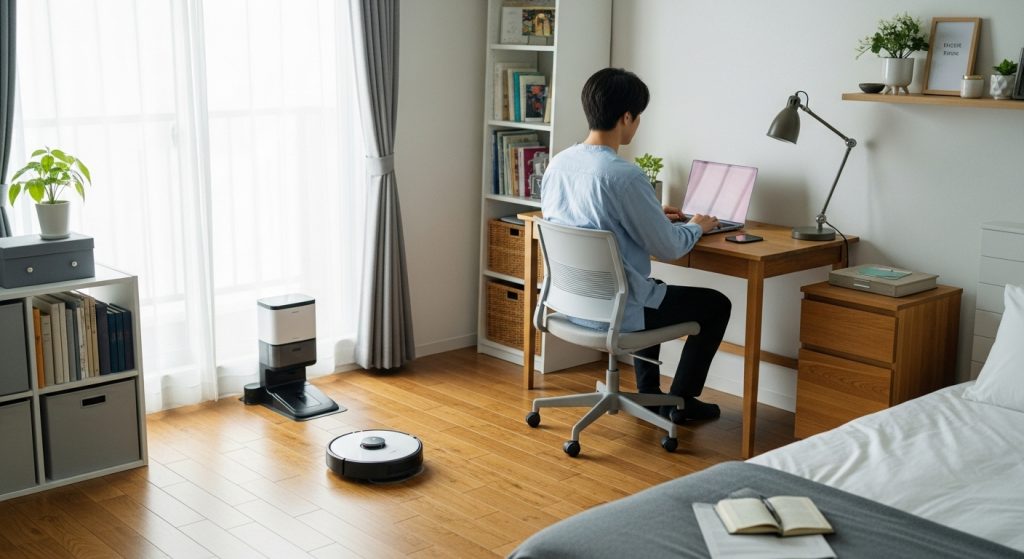 一人暮らしのワンルームで効率的に掃除を行うロボット掃除機