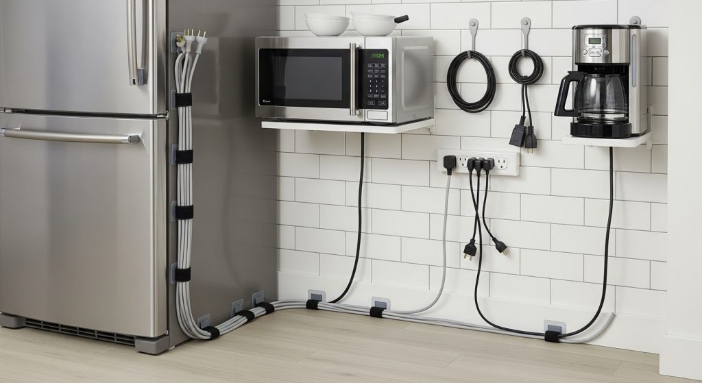 100均のコードフックを使って炊飯器の余った配線を本体に固定する収納ハック