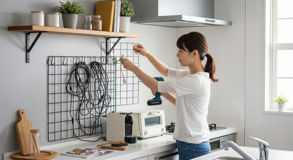 ワイヤーネットと結束バンドを活用してキッチンの煩雑な配線を浮かせる様子