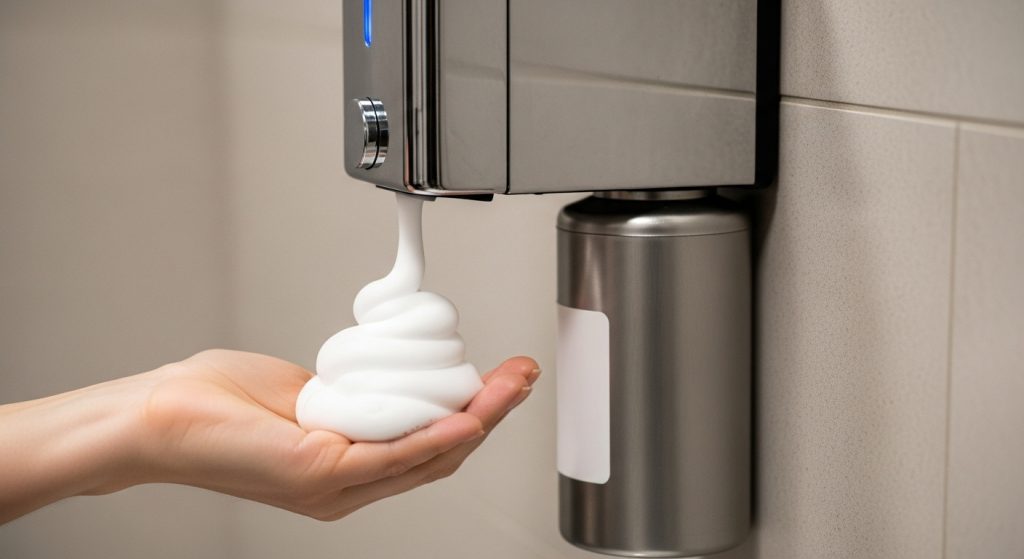 壁掛けのオートディスペンサーを使い、洗面台の掃除を楽にするアイデア