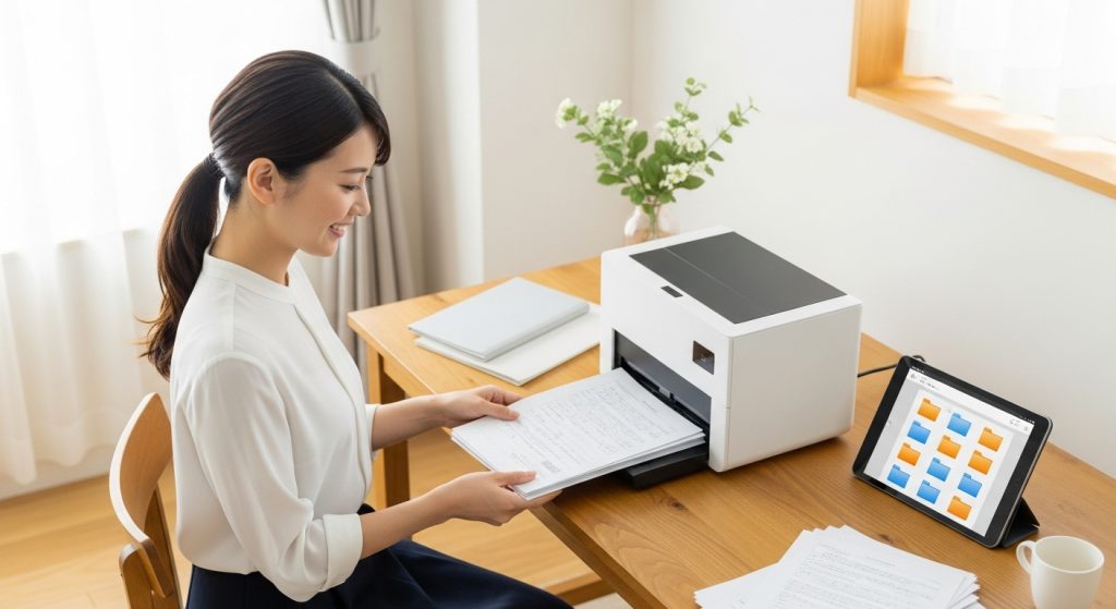 ScanSnapなどの高性能スキャナーを使って家中の書類をデジタル化する様子