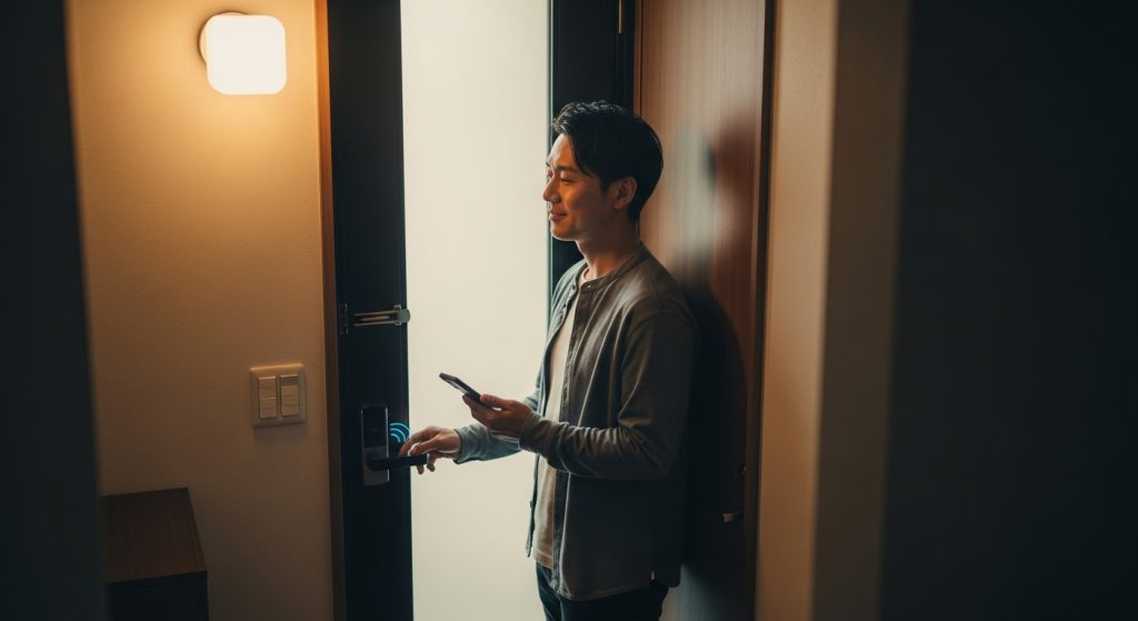 スマートロックのハンズフリー解錠でスマートに帰宅する様子
