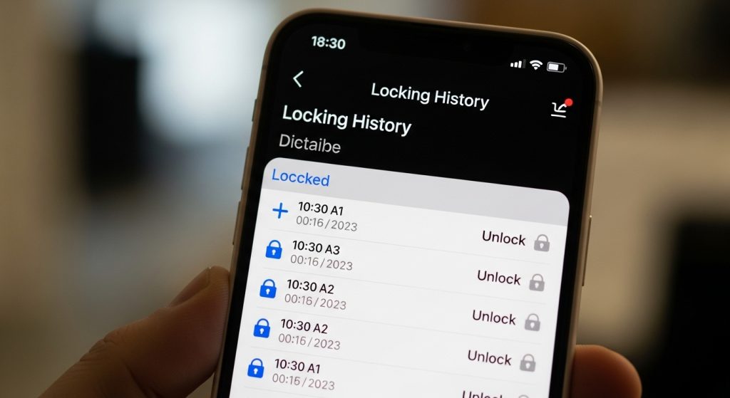 スマートロックの履歴通知機能で、家族の帰宅や施錠状態を確認するスマホ画面