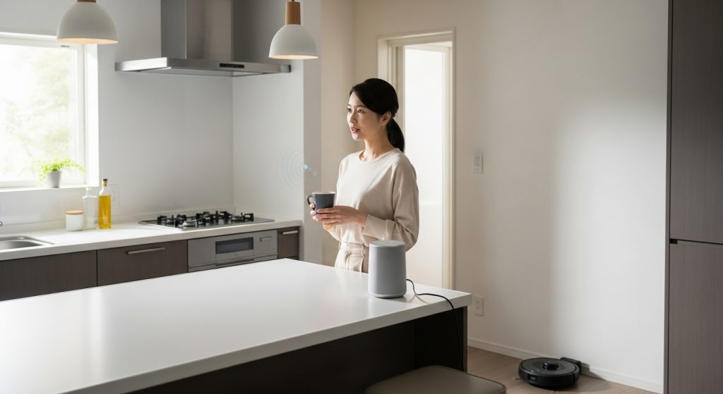 スマートスピーカーを使って朝の家事を一括で操作する様子