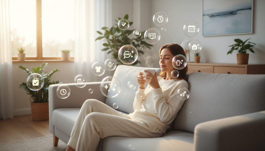 名もなき家事から解放され、自分時間を取り戻してリラックスする人のイメージ