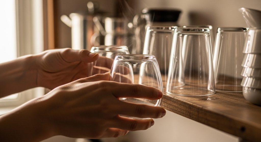 食洗機で洗い上がったピカピカのガラスコップを棚に戻している様子