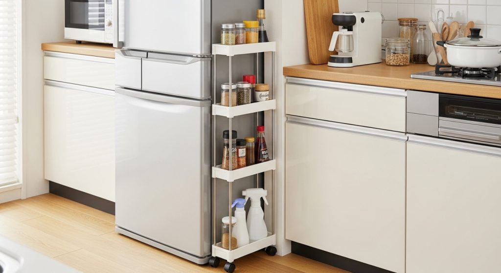 冷蔵庫の隙間に100均の隙間ラックを設置している様子