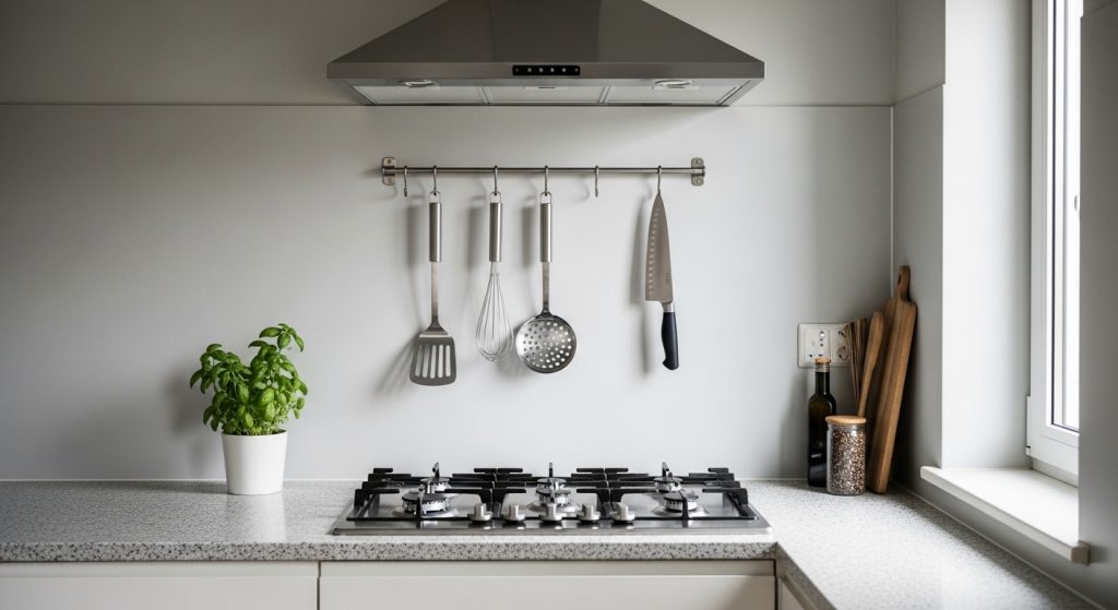 コンロ周りに厳選されたツールだけを吊るし、他を収納している機能的なキッチンの様子