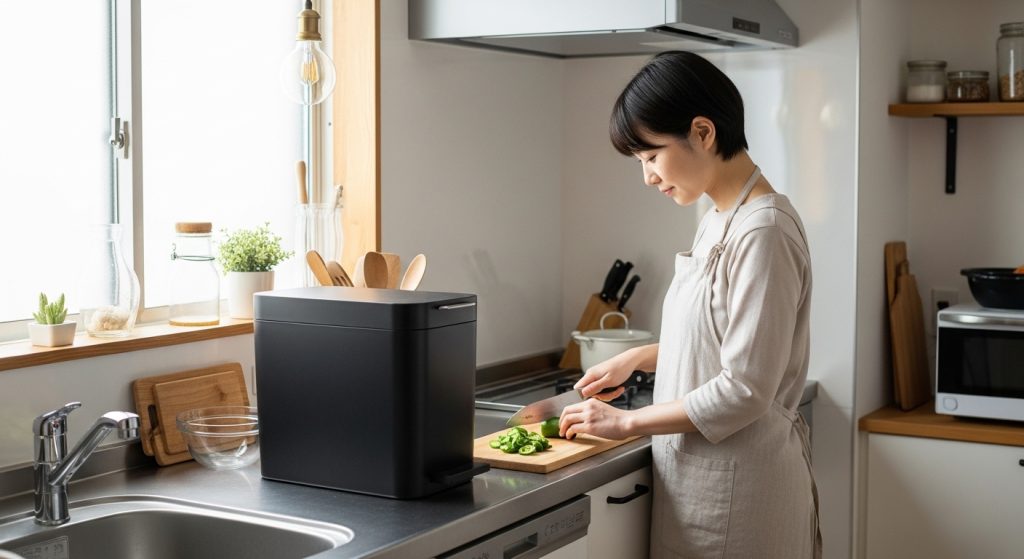 キッチンの調理台のすぐ横にコンパクトなゴミ入れを設置し、効率よく作業する日本人の様子