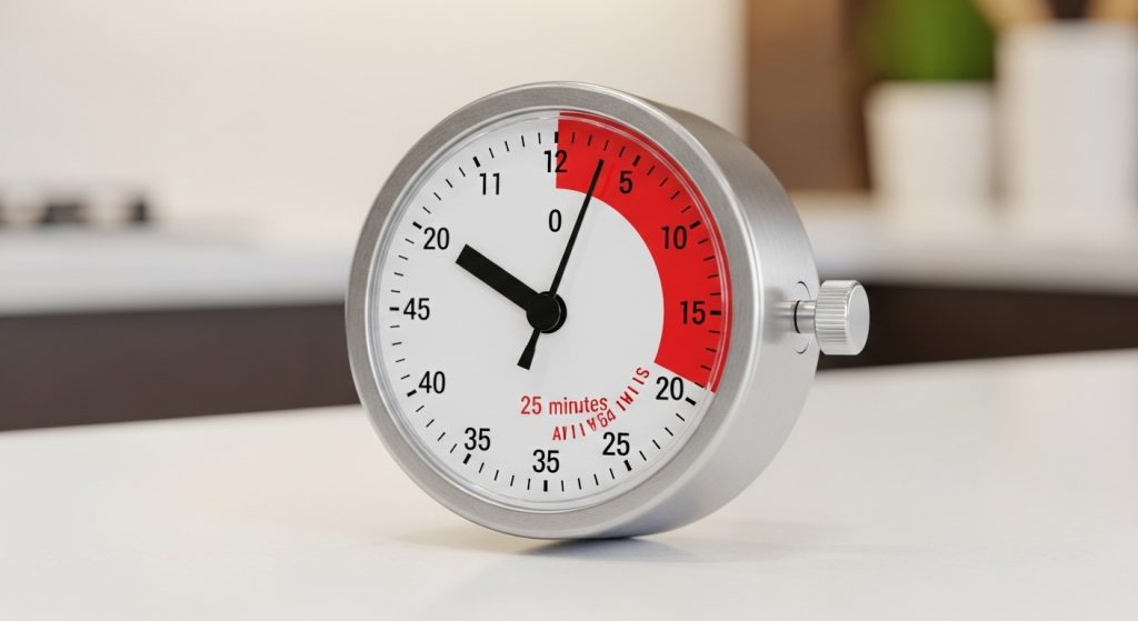 アナログのキッチンタイマー。残り時間が赤く塗られており直感的にわかる。