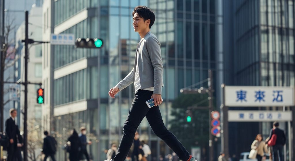 薄いiPhoneだけを手に持ち、身軽に街を歩く日本人の様子。カバンは持っていない。