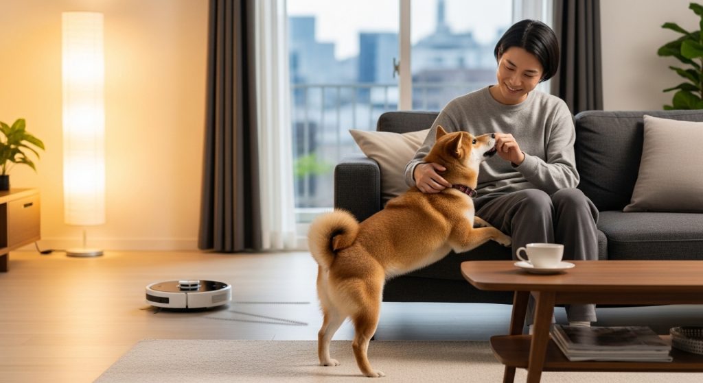 リビングでロボット掃除機が稼働している間、ソファで愛犬とリラックスして遊んでいる日本人の様子