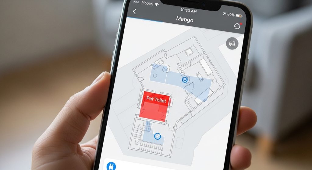 スマートフォンのアプリでロボット掃除機のマッピング画面を開き、ペットのトイレスペースを進入禁止エリアに設定している様子