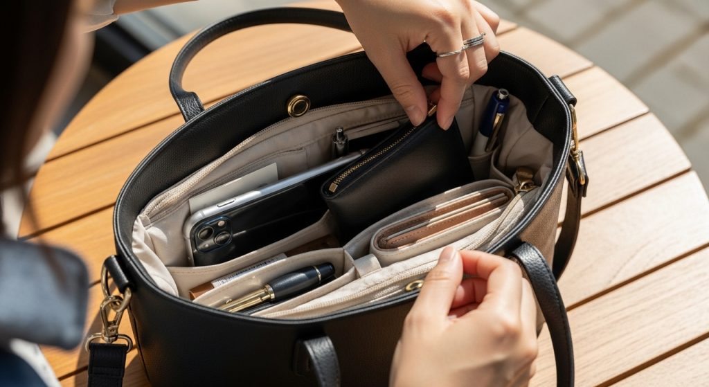 フェルト製のバッグインバッグに財布、鍵、スマホが整理して収まっている様子