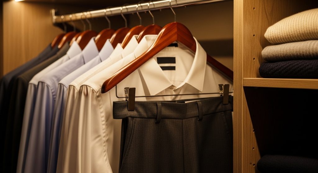 1つのハンガーにシャツとスラックスがセットで掛けられているクローゼットの様子