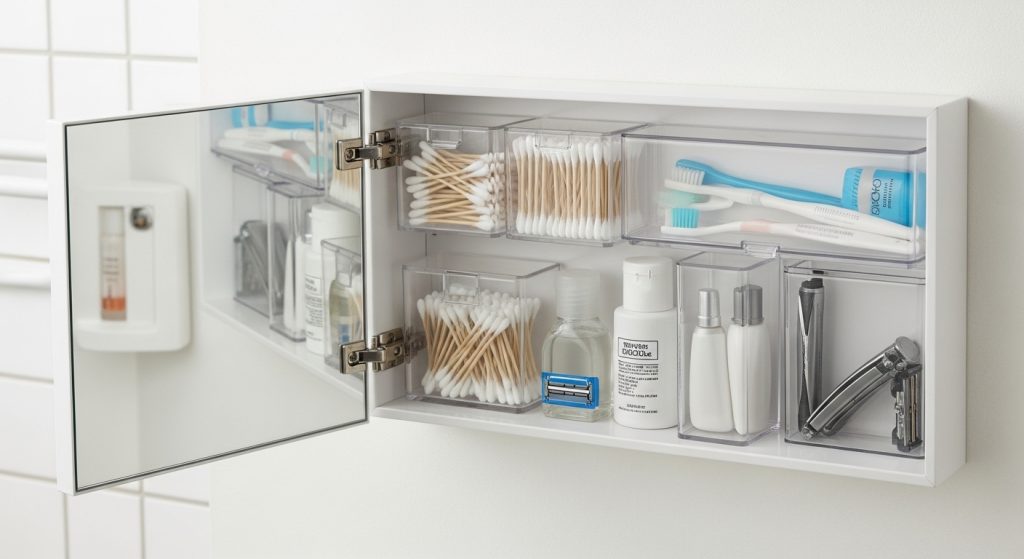 100均の透明ケースで種類別に整理された洗面所の鏡裏収納の様子