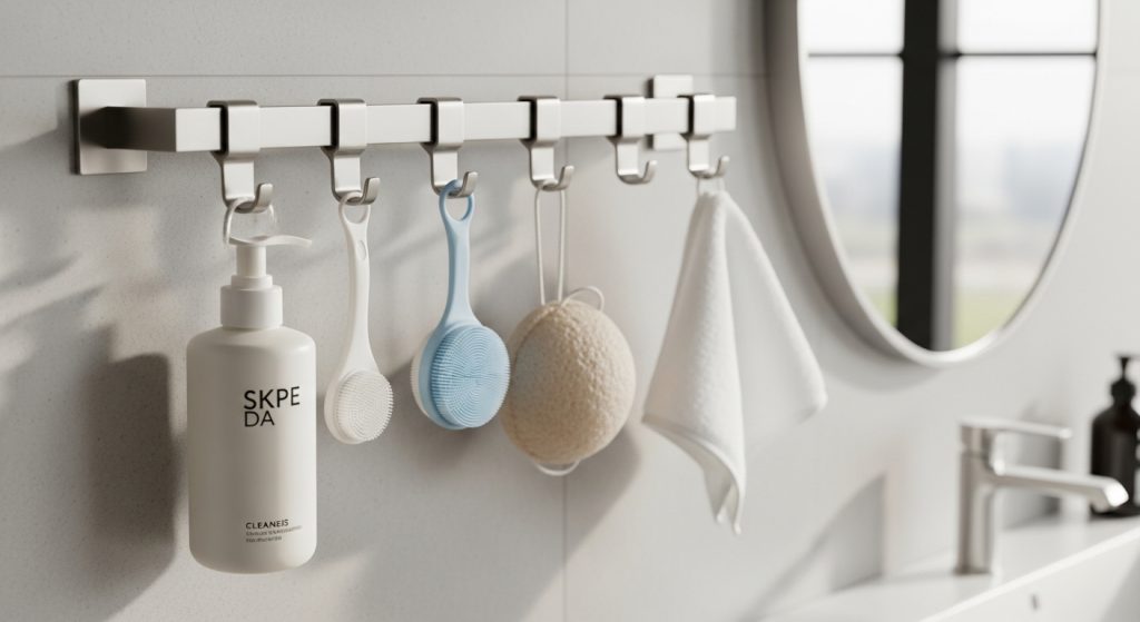 浴室のタオルバーにステンレスクリップで吊るされた洗顔料や掃除道具