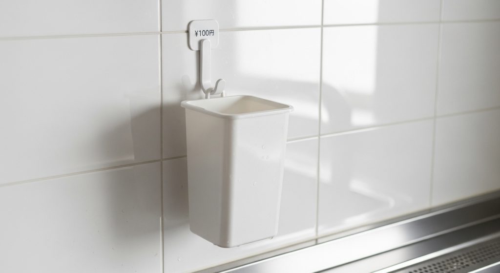 100均のマグネットフックを使い、キッチンの壁に浮かせて設置されたゴミ入れ