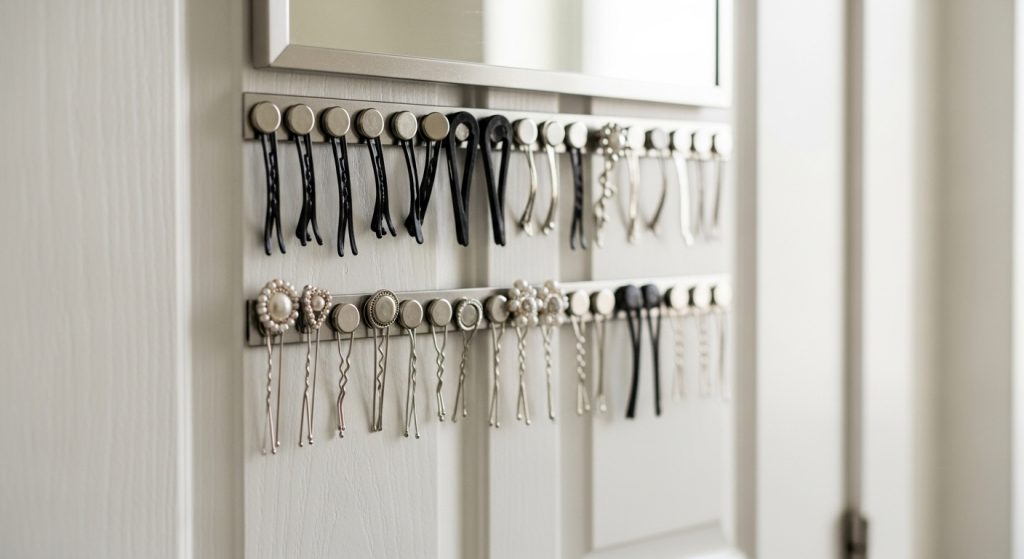 洗面所の鏡裏の扉にマグネットでヘアピンが綺麗に並んで貼り付けられている様子