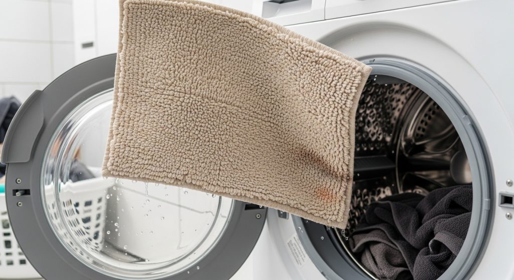 使用後のタオル地バスマットを、そのままドラム式洗濯機に放り込んでいる様子