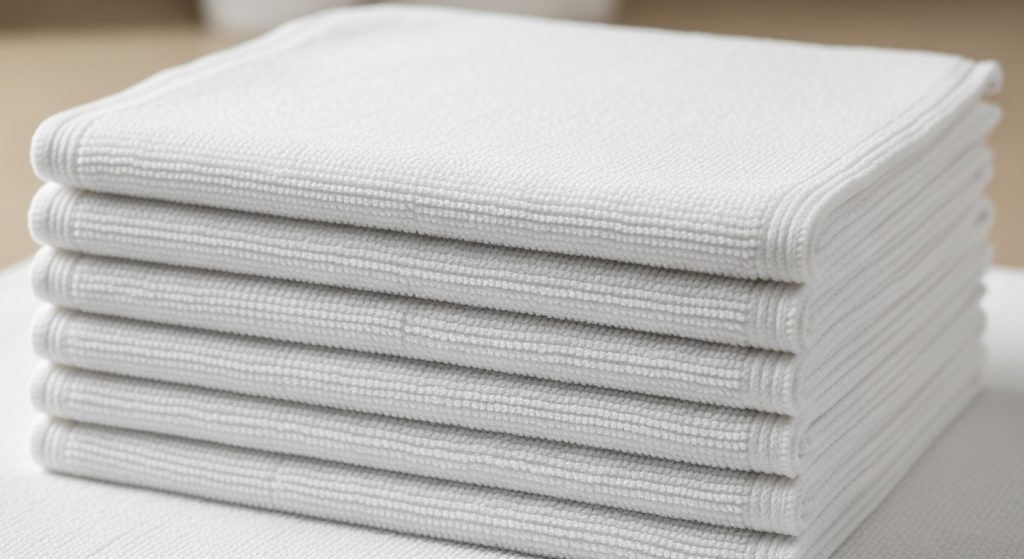 薄手でホテルのような白いタオル地バスマットが複数枚綺麗に畳まれている様子