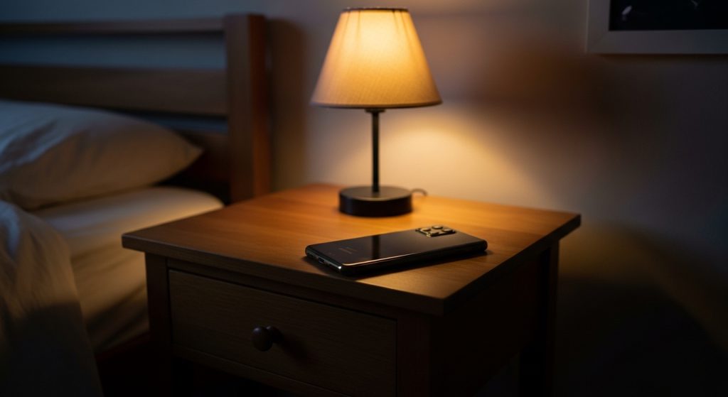 暖色系の暗い照明が灯る寝室で、ベッドサイドに裏返して置かれたスマートフォン