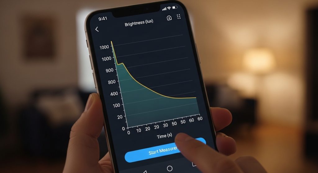 スマートフォンのアプリ画面で、照明の明るさが時間経過とともに下がるグラフを設定している様子