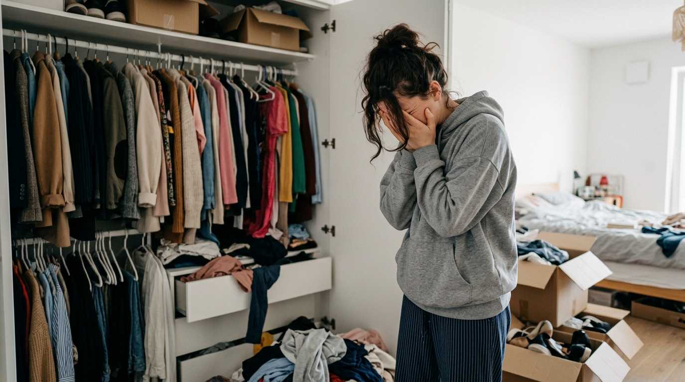 服が多すぎて何を着ればいいか分からず、クローゼットの前で頭を抱える人