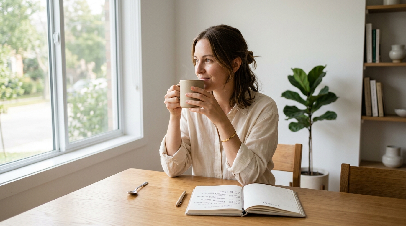 朝の身支度を予約し、ゆとりを持ってコーヒーを楽しむミニマリスト