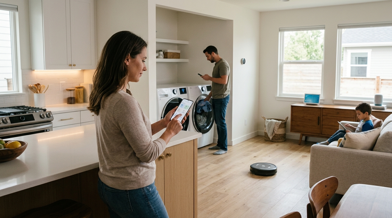 最新家電とスマホを活用して、スマートに家事を自動化している様子